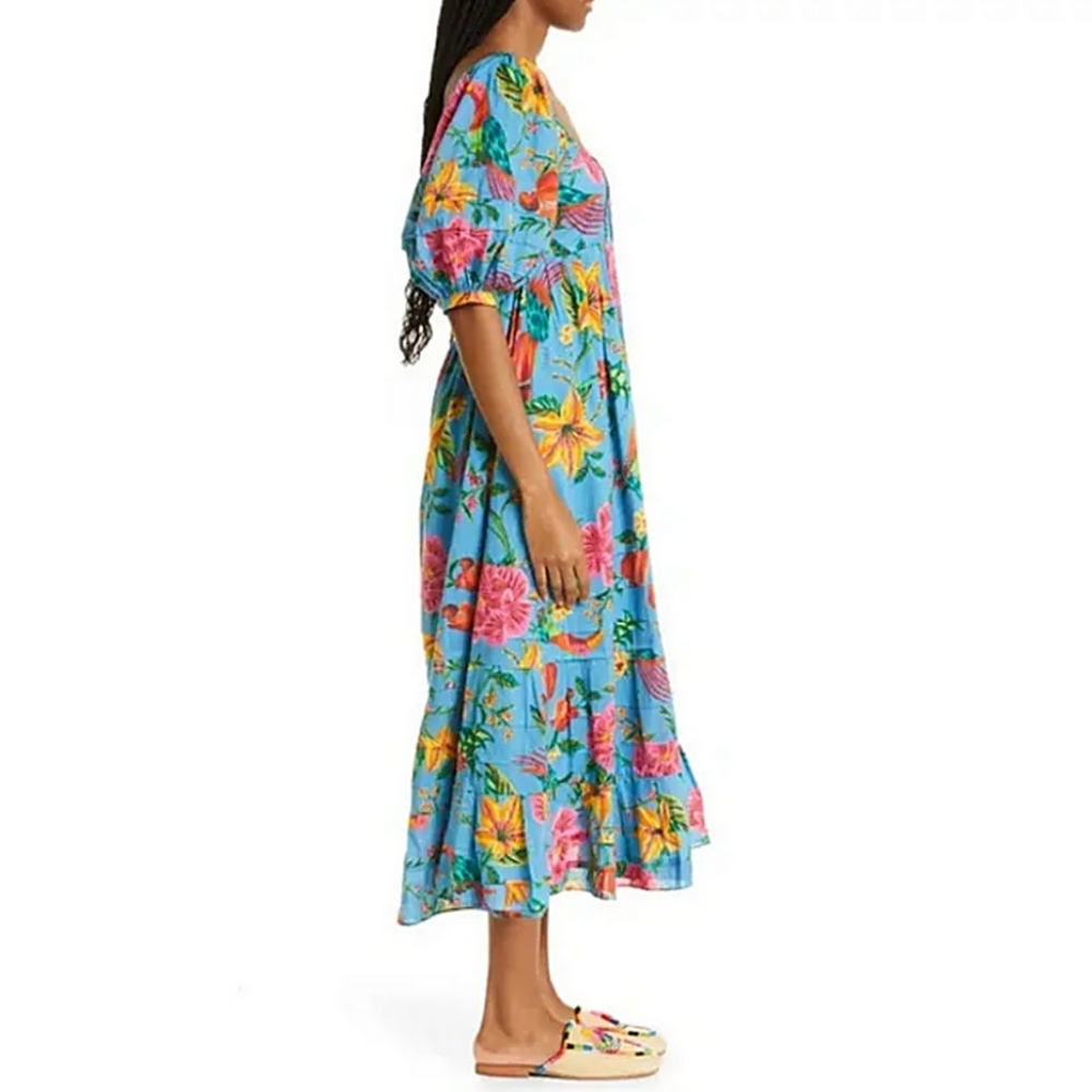 FARM RIO TOUCANS GARDEN MIDI DRESS IN BLUE Womens Small - Picture 6 of 9